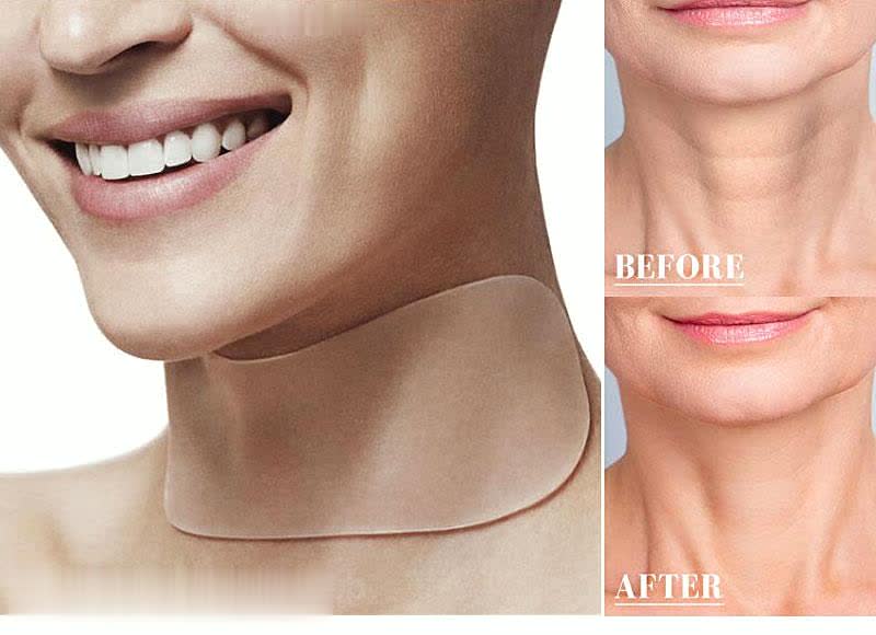 LYVA Neck Anti-Wrinkle Pad worn on neck with before after