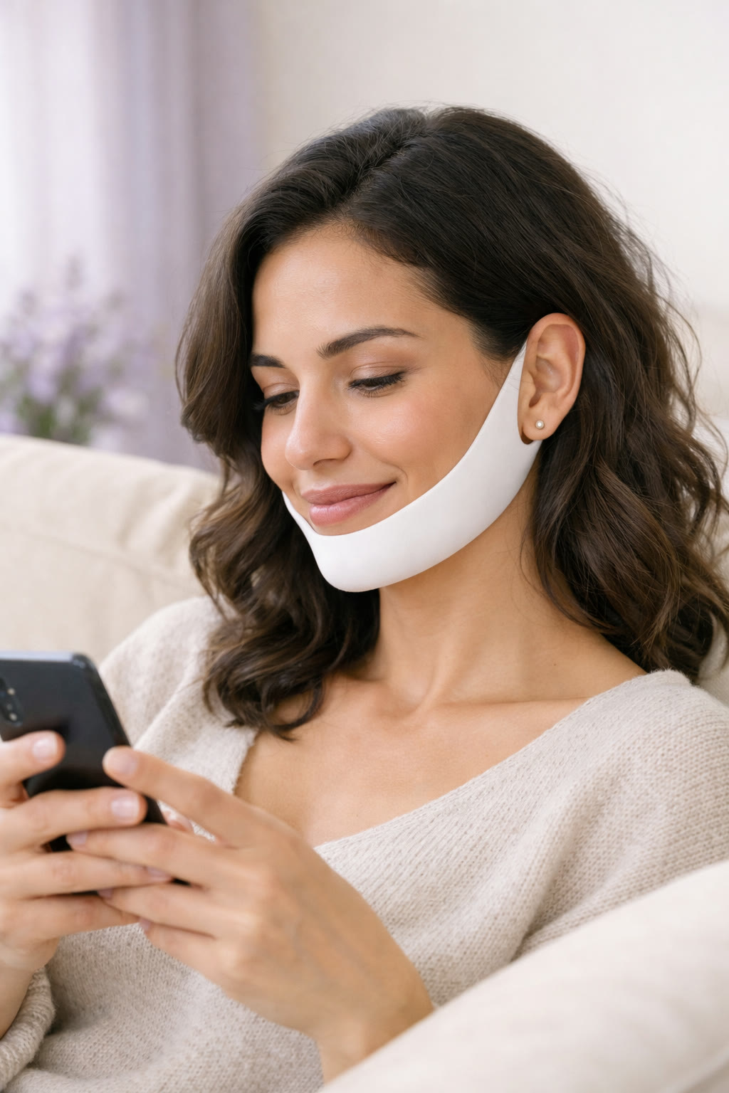 Woman in her 30s relaxing with the LYVA V-Line Mask